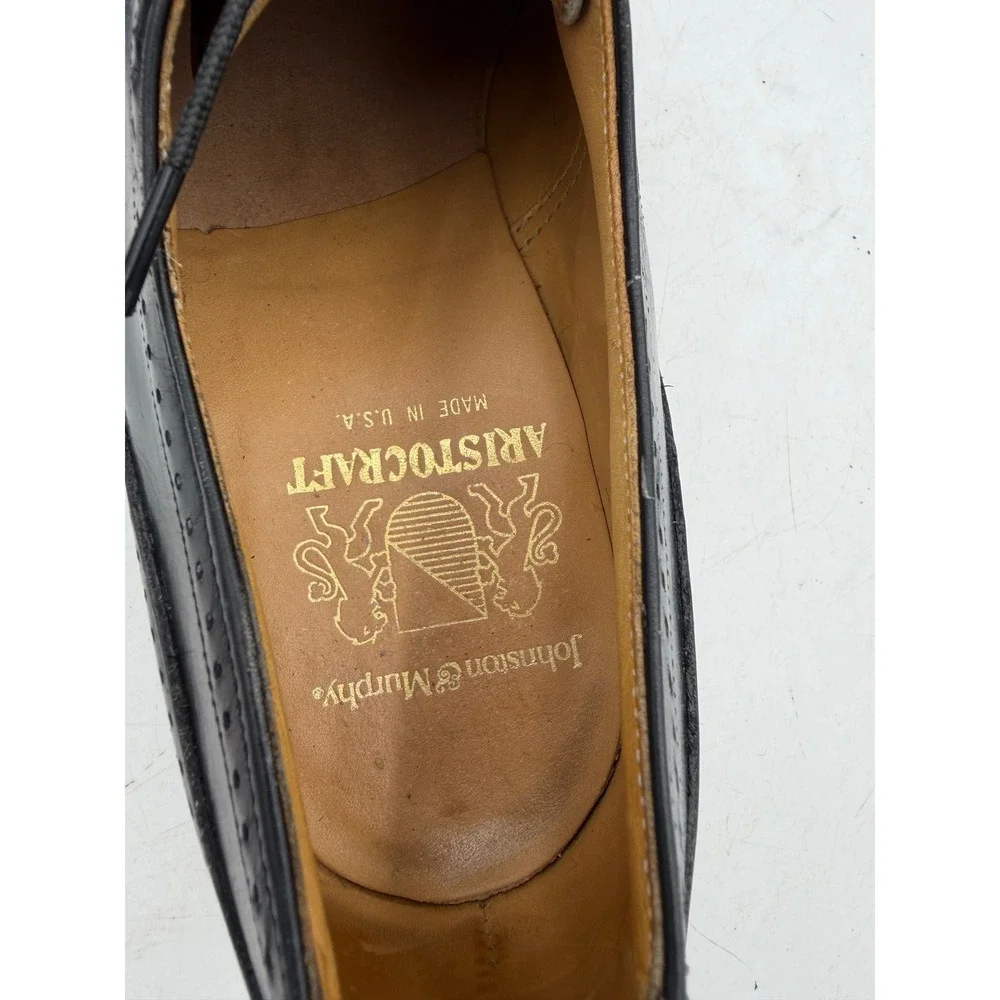 Vintage Johnston & Murphy Aristocraft Black Leather Wingtip Oxford Shoe 7.5D USA